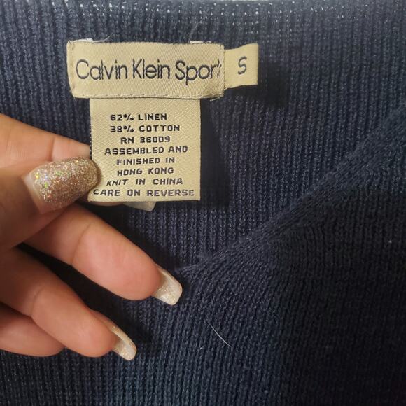 Calvin Klein Sport Navy Short Sleeve Linen Ribbed Knit Crewneck Sweater Size S - Picture 3 of 4